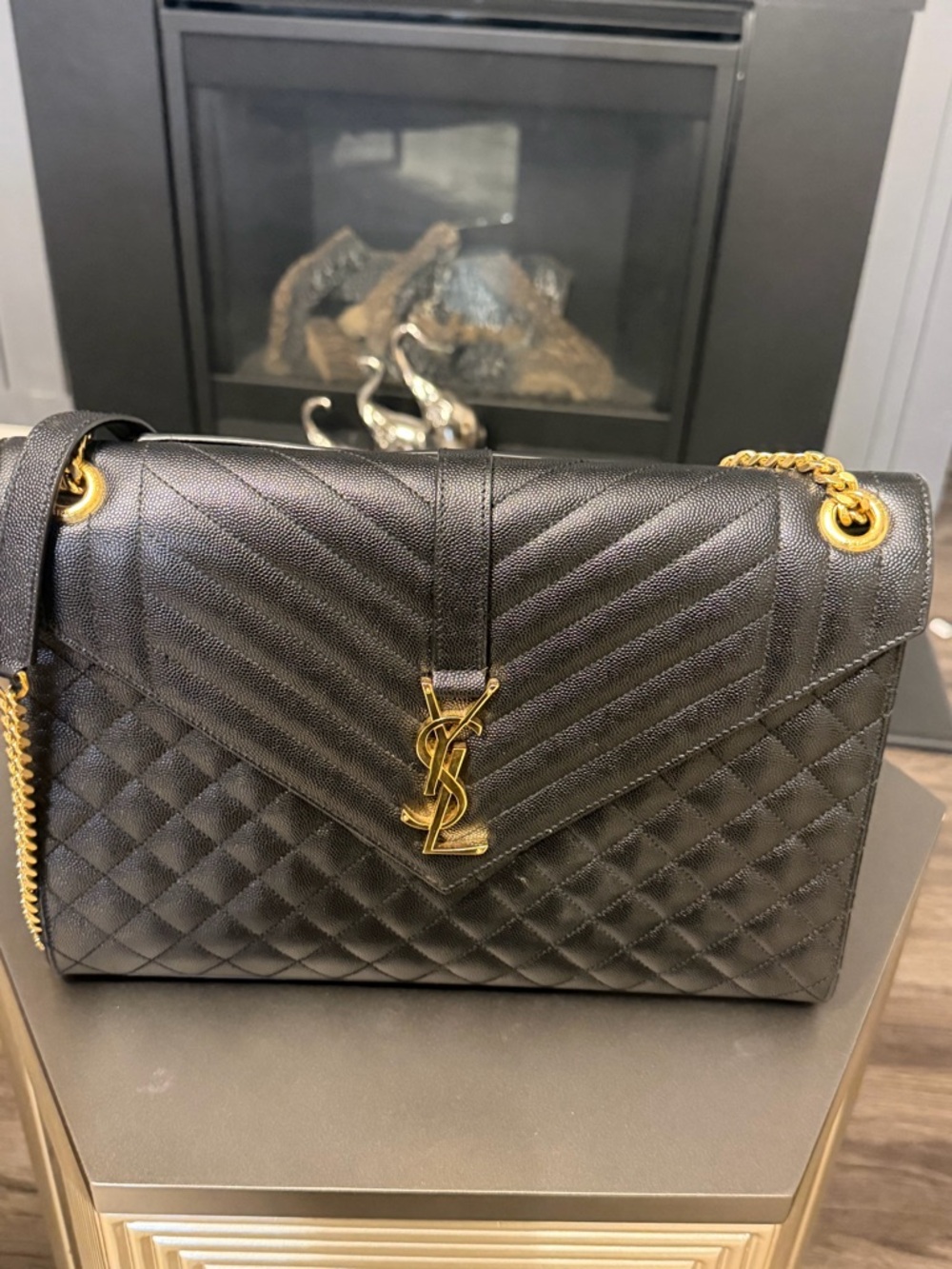 Saint Laurent Black Quilted Envelope Shoulder Bag with Gold Hardware